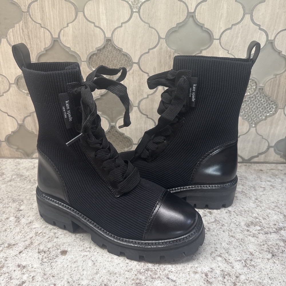 Kate‎ Spade Black Winton Lace Up Lug Booties Boots Women's Size 5.5